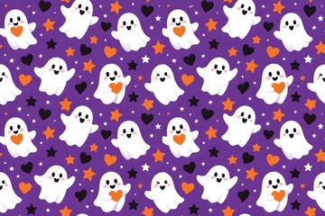 Fototapeta premium Cute Halloween Ghost Seamless Pattern with Hearts and Stars on Purple Background. 