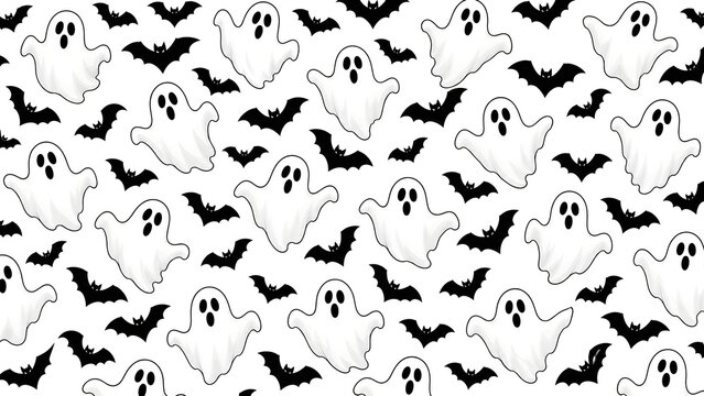 Cute Halloween Ghost and Bat Seamless Pattern on White Background, Spooky Holiday Background. 