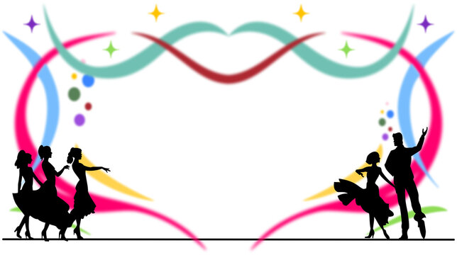 Colorful Glowing Abstract Waves Border with Dancing Silhouettes and Stars