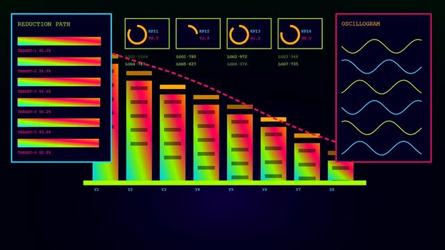 A glowing emissions tracker dashboard displays digital bars and wave patterns in a dark environment with neon data visualizations showing environmental performance metrics and statistical trends