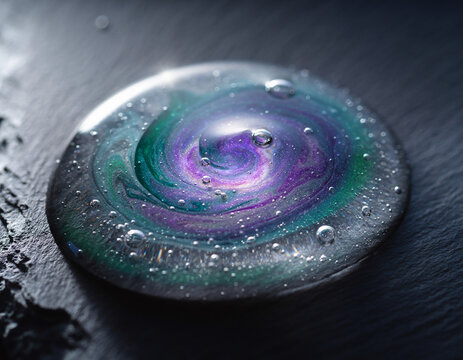 Macro Viscous Liquid Droplet with Iridescent Cosmic Galaxy Swirl