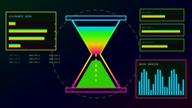 the digital emissions tracker visualization displays three sequential hourglass cycles showing fluid volume changes and bar charts representing data fluctuations on a dark glowing interface screen