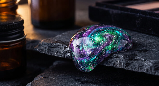 Macro Viscous Galaxy Liquid Swirl Droplet on Dark Rough Stone