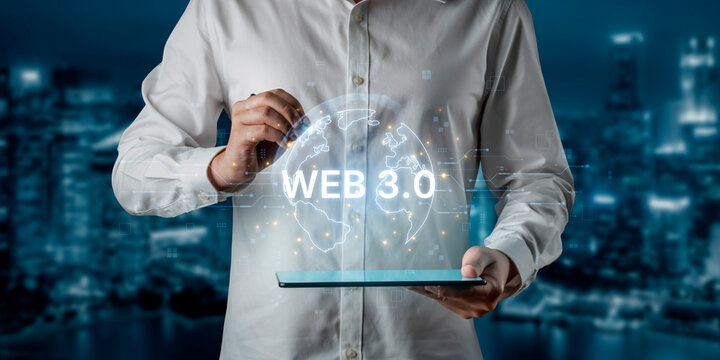 Concept of Web 3.0, the next generation of the internet. This technology represents a decentralized global network built on blockchain, enabling new digital experiences. Fermion