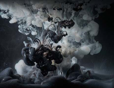 Heavy Black Ink Plume Colliding with White Volumetric Smoke
