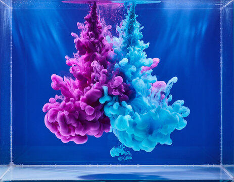 Volumetric Light Rays on Purple and Cyan Ink Plumes Underwater