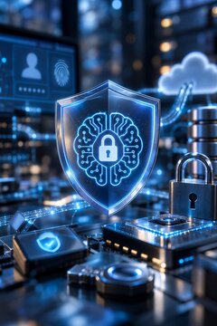 AI Cybersecurity Safeguards with Encryption, Access Control, and Secure Data Flow, featuring Digital Shield and Zero Trust Threat Detection.