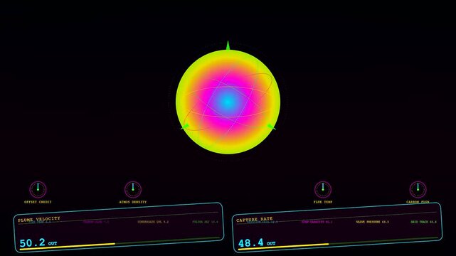 An emissions tracker monitoring carbon flux data with vibrant spherical energy nodes displayed on a dark virtual interface for industrial climate impact assessment and monitoring