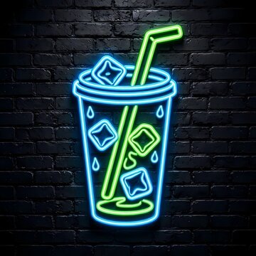Neon cocktail drink sign on a dark brick wall background
