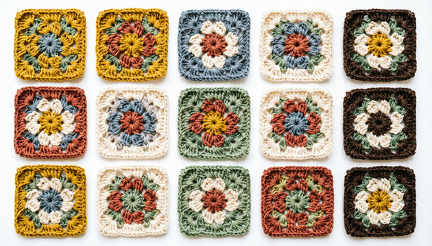 Vintage crochet granny squares set, 15 colorful floral yarn patches, handmade wool textile collection for craft projects