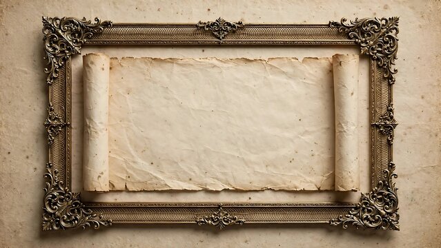 Blank Vintage Parchment Scroll in Ornate Carved Gold Frame