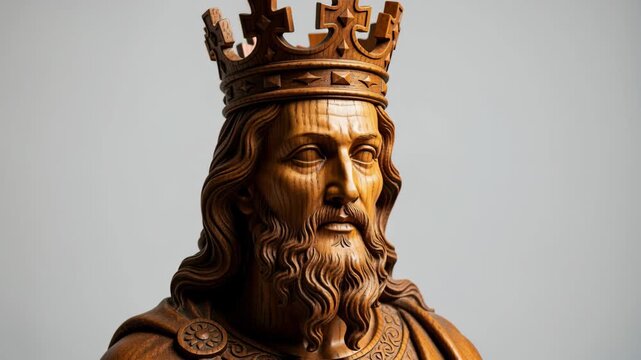 Royal Majesty: A dignified wooden sculpture of a king, adorned with an intricate crown and a flowing beard, embodies regal authority and historical significance.