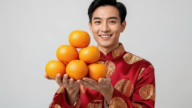 Prosperous New Year with Oranges: A smiling Asian man in traditional red attire holds a pyramid of vibrant oranges, symbolizing good fortune and abundance for the Lunar New Year celebration.