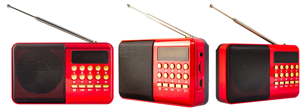 Isolated photo of a portable emergency radio in various angles on white background.