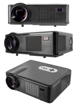 Isolated photo of a table led projector device in various angles on white background.