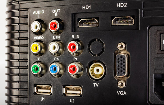 Photo of table projector input socket panel interface with hdmi, usb, vga and audio video input.