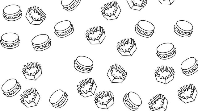 Minimalist line art pattern of burgers and french fries on white background