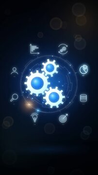 Glowing gear wheels turn in a seamless loop with orbiting business technology icons, vertical