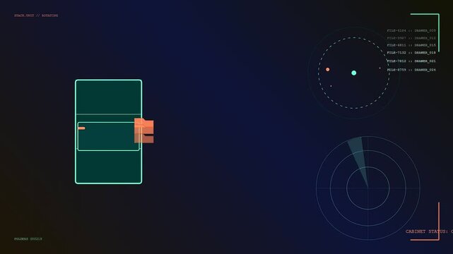 Knowledge retrieval interfaces displayed on a digital screen feature schematic diagrams with oscillating radar waves that track multiple moving data points in this virtual environment