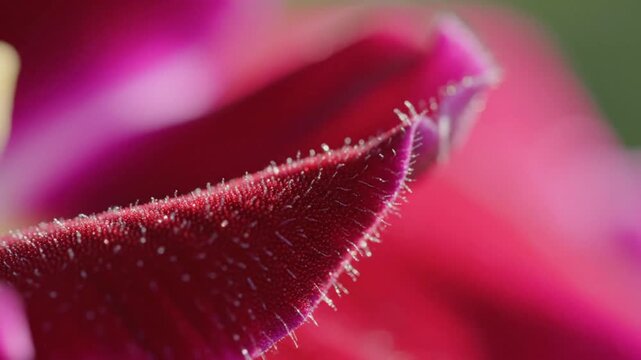 Macro shot of a magenta flower petal featuring tiny fine hairs along the curved edge and a soft blurred background