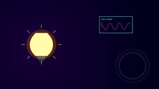 A knowledge retrieval graphic featuring an illuminated glowing light bulb icon accompanied by a pulsing electronic signal wave pattern displayed within a digital display window