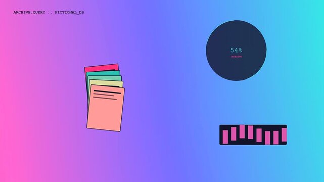 A knowledge retrieval process displays varying progress percentages alongside stacked paper sheets and fluctuating bar graph elements on a vibrant multi colored digital gradient display screen