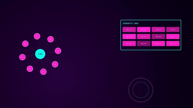 Digital knowledge retrieval displays featuring abstract glowing circular network patterns and organized data storage grids rendered in a dark aesthetic interface for modern analytical software systems