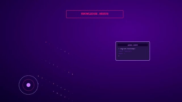 A knowledge retrieval interface displays streaming data lines and pulsing circular node points while glowing text prompts appear within a minimalist purple digital computer workspace environment
