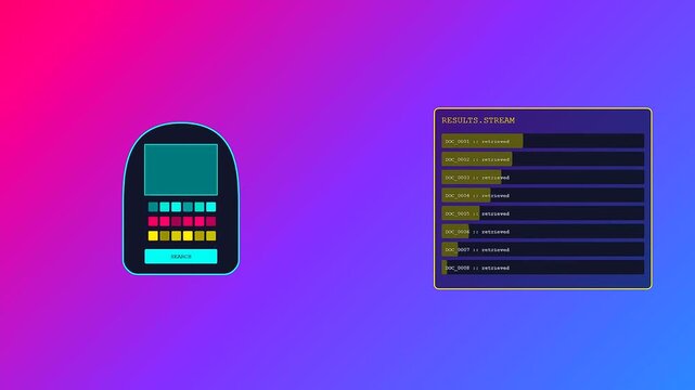 A sequence showing knowledge retrieval via a digital terminal with expanding list items appearing on a vibrant purple and blue gradient field of view
