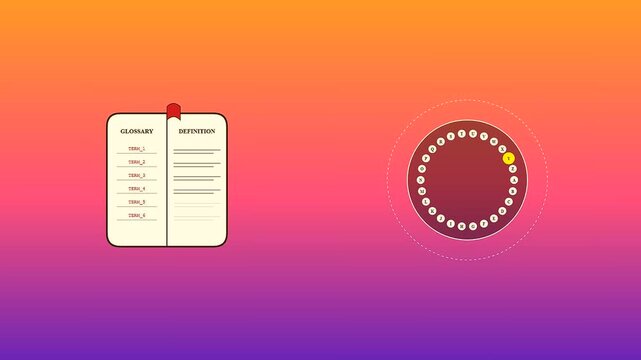 Knowledge retrieval process illustrated through rotating cyclic data selection animations on an open book graphic page with vibrant purple and orange color gradient transition background