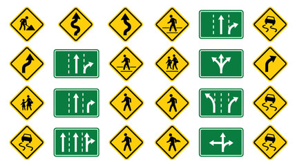 Collection of yellow and green road safety and directional signs © Reynaldi