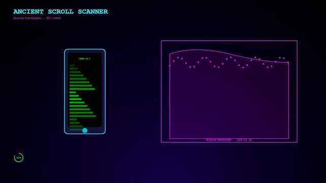 Digital knowledge retrieval interfaces display data waves on portable devices showing rhythmic fluctuations of information streams against a dark purple backdrop within a virtual screen environment