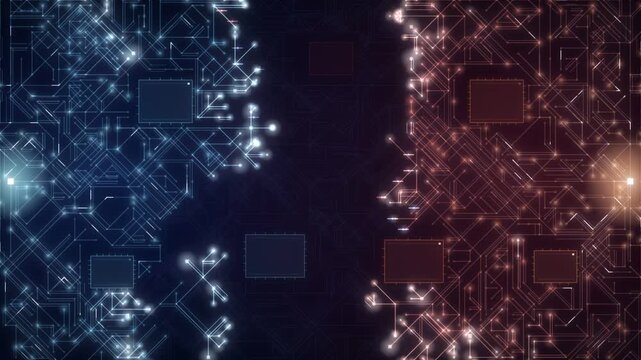 Circuit board technology background with blue and red energy paths spreading across microchips