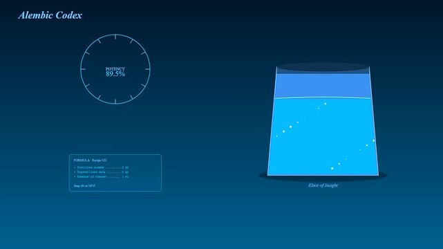 Digital displays showcasing knowledge retrieval as bubbles float within glowing blue glass vessels during a sequence of simulated scientific monitoring tasks presented in a dark interface