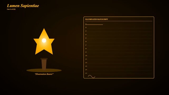 Knowledge retrieval cycles through illuminated star icons on digital ledger pages featuring glowing light points and subtle progress lines arranged within a minimalist dark graphic display