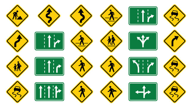 Collection of yellow and green road safety and directional signs