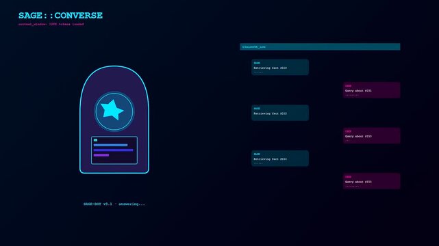 A knowledge retrieval process unfolds through this glowing digital interface featuring a central star icon and loading text bars on a dark purple screen background