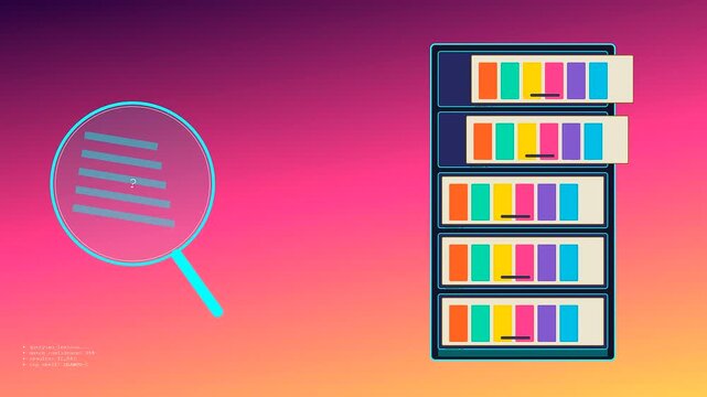 A visual knowledge retrieval process shows digital data cards sliding into a server rack shelf while a magnifying glass highlights the content on pink gradient