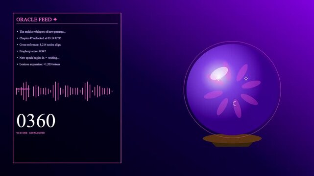 Knowledge retrieval visual represented by a glowing purple orb floating next to scrolling data logs and rhythmic audio waveforms within a dark mysterious digital interface environment