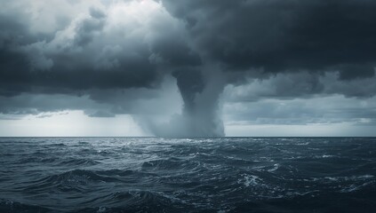 Fototapeta premium Powerful tornado waterspout forming over dark ocean under dramatic storm sky, extreme weather phenomenon with funnel cloud touching down on sea, natural disaster and severe storm background