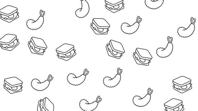 Seamless fast food pattern with sandwich and fried shrimp line art icons
