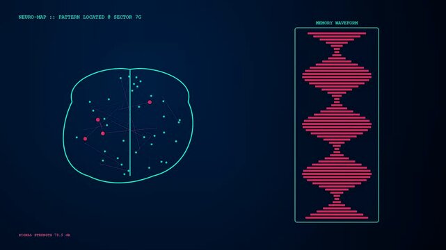Digital knowledge retrieval processes animate across three screen segments showing neural connections and red oscillating signal waves within a dark glowing interface of medical mapping software