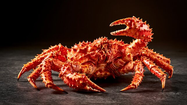 Premium red king crab with sharp spikes and large claws on a luxury dark stone surface.