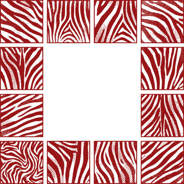Zebra print pattern border frame vector. Features red and white animal stripe squares forming a square frame with empty center. Decorative graphic design for wildlife projects and print.