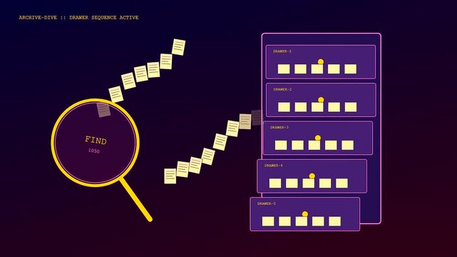 A digital knowledge retrieval process displays moving file icons entering storage modules across a dark interface featuring glowing yellow symbols and animated navigation search paths