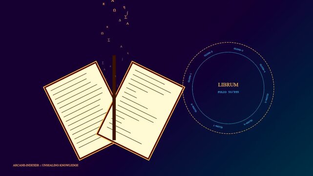 The knowledge retrieval process involves ancient books unfolding to reveal floating symbols and golden geometric rings while pages turn in this digital animation sequence