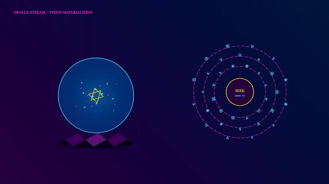 Knowledge retrieval cycles evolve through rotating holographic orbs featuring glowing geometric symbols that shimmer in darkness while expanding outwards in this dark digital animation sequence