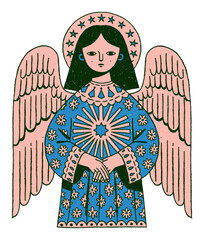 Fototapeta premium Illustrated angel with wings, blue and pink attire, PNG, transparent background.