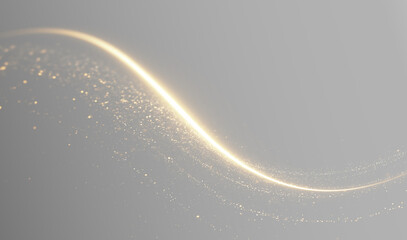 Fototapeta na wymiar Magical golden trails with shimmering dust particles, glowing lines, and sparkling flashes. A light line with highlights, sparkling effects, and swirls for a festive design.