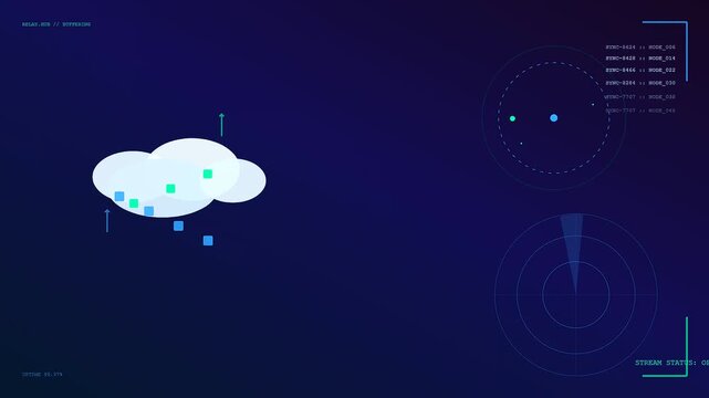 A knowledge retrieval interface displays floating digital cubes moving within a cloud icon surrounded by rotating radar scanner graphics shown in a minimalist dark interface design